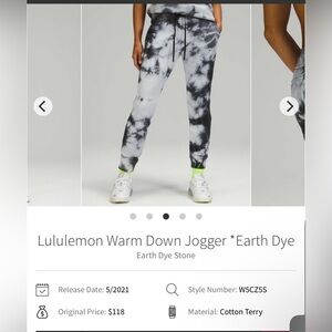 🍋Women’s Lululemon Warm Down Jogger Earth Dye Stone size 4🍋